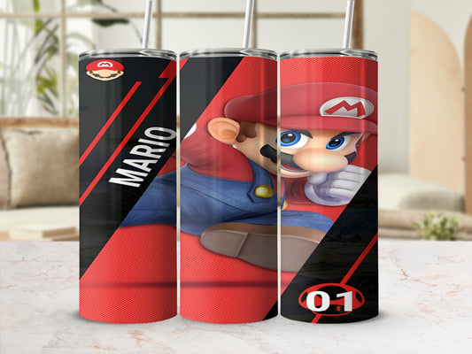 Super Mario character on a red, black, and white striped tumbler cup.