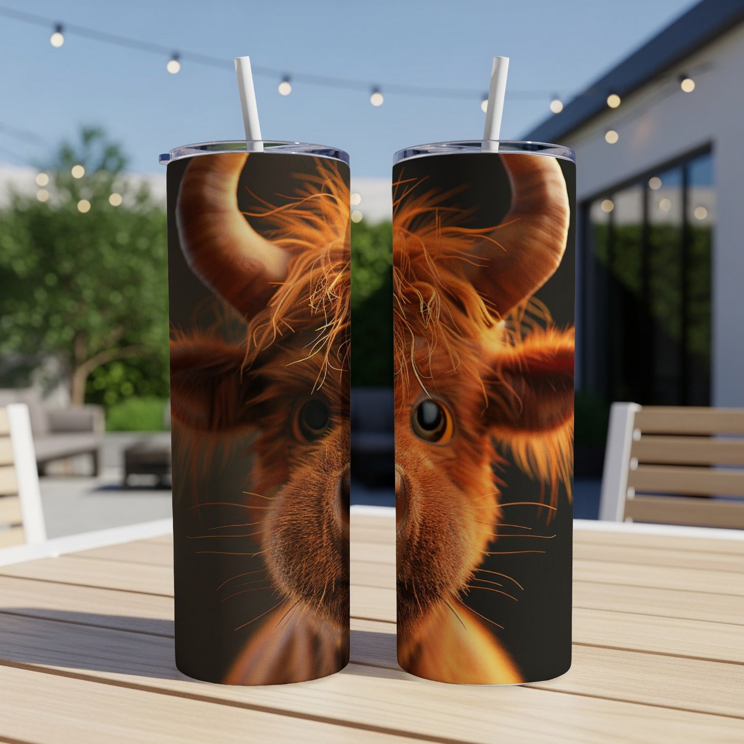 Two tumblers featuring a close-up of a fuzzy brown cow's face with horns.