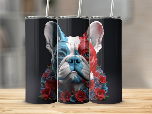 French bulldog tumbler with red, white, and blue flag design and floral collar.