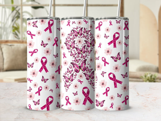 Pink glitter butterflies and flowers pattern on a tumbler.