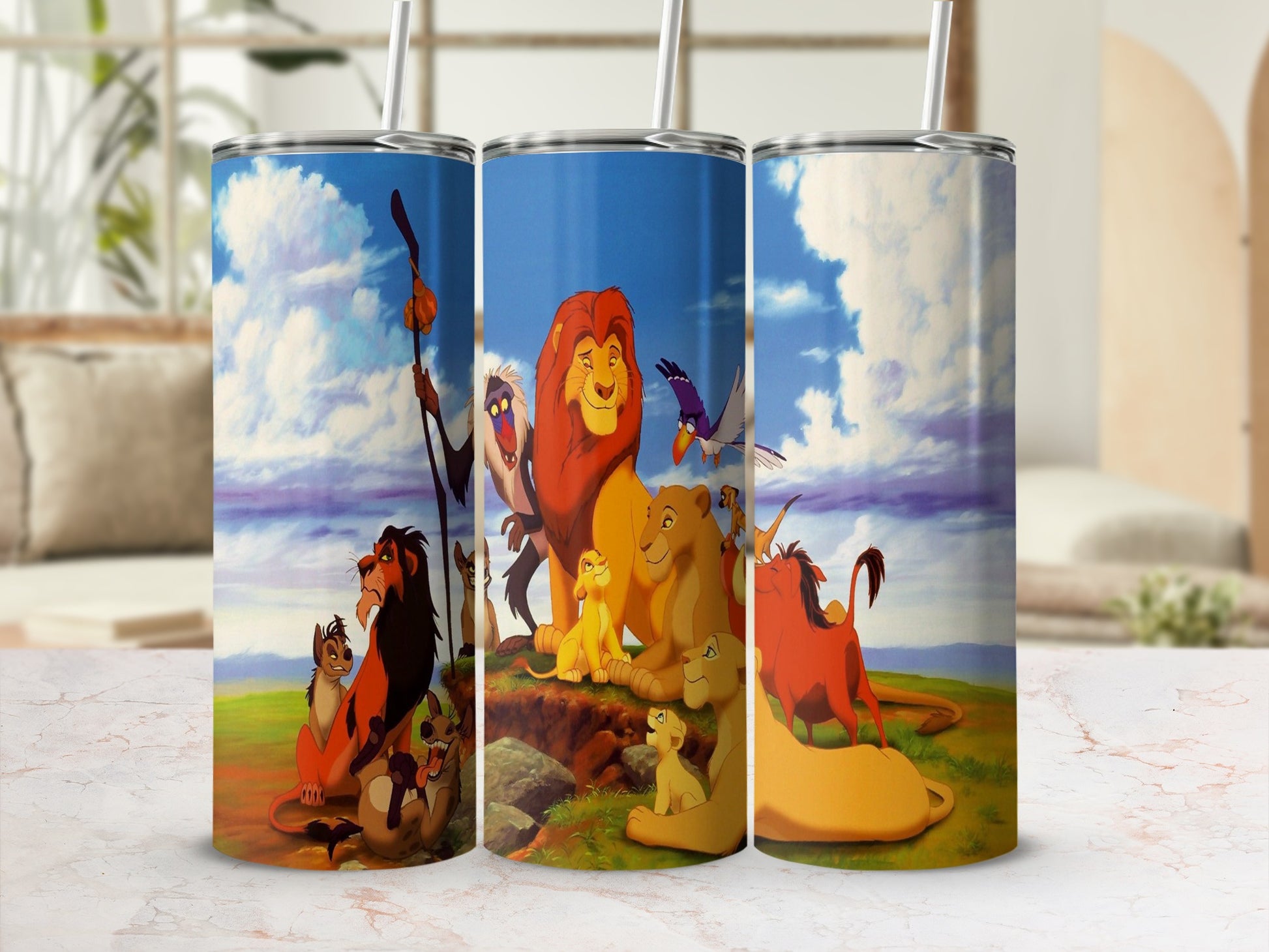 The Lion King characters circle a tumbler with a sky background.
