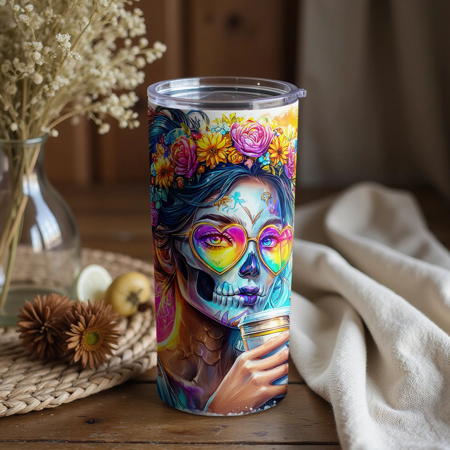 Colorful Skull and Flowers Insulated Tumbler Cup