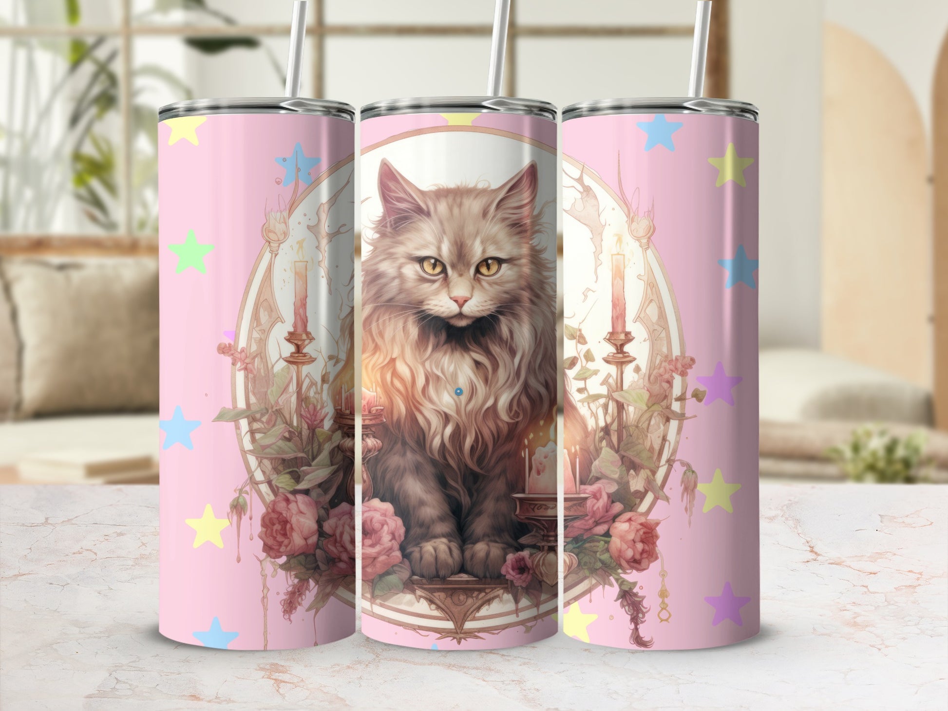 Colorful Starry Cat Design Tumbler with Straw