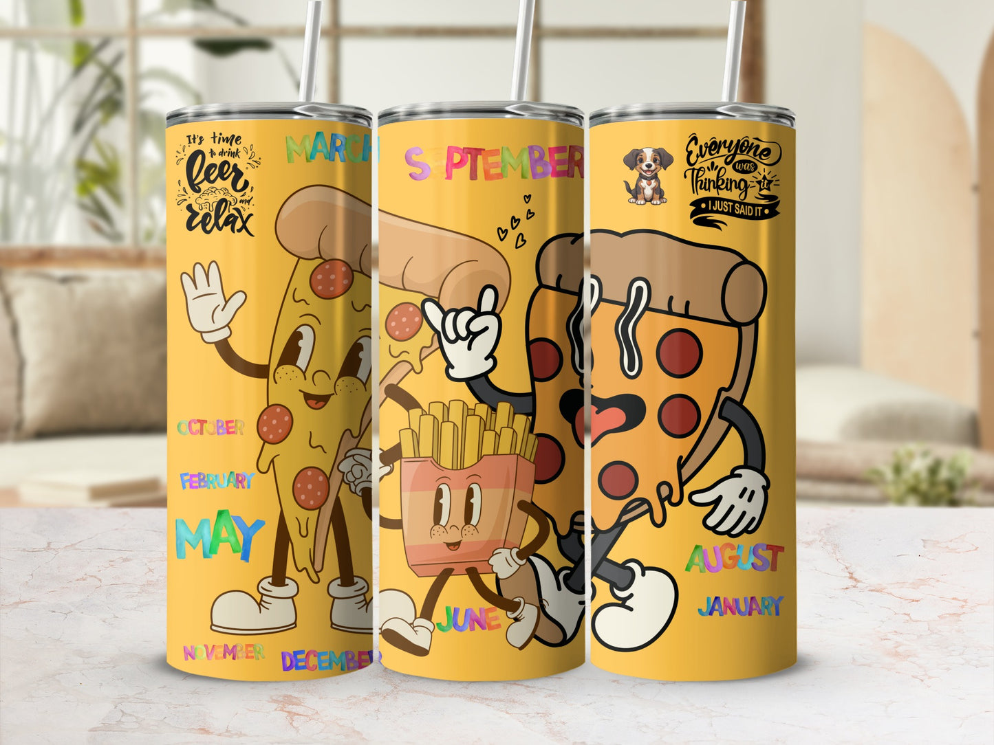 Cute Animated Pizza Characters Tumbler with Month Names