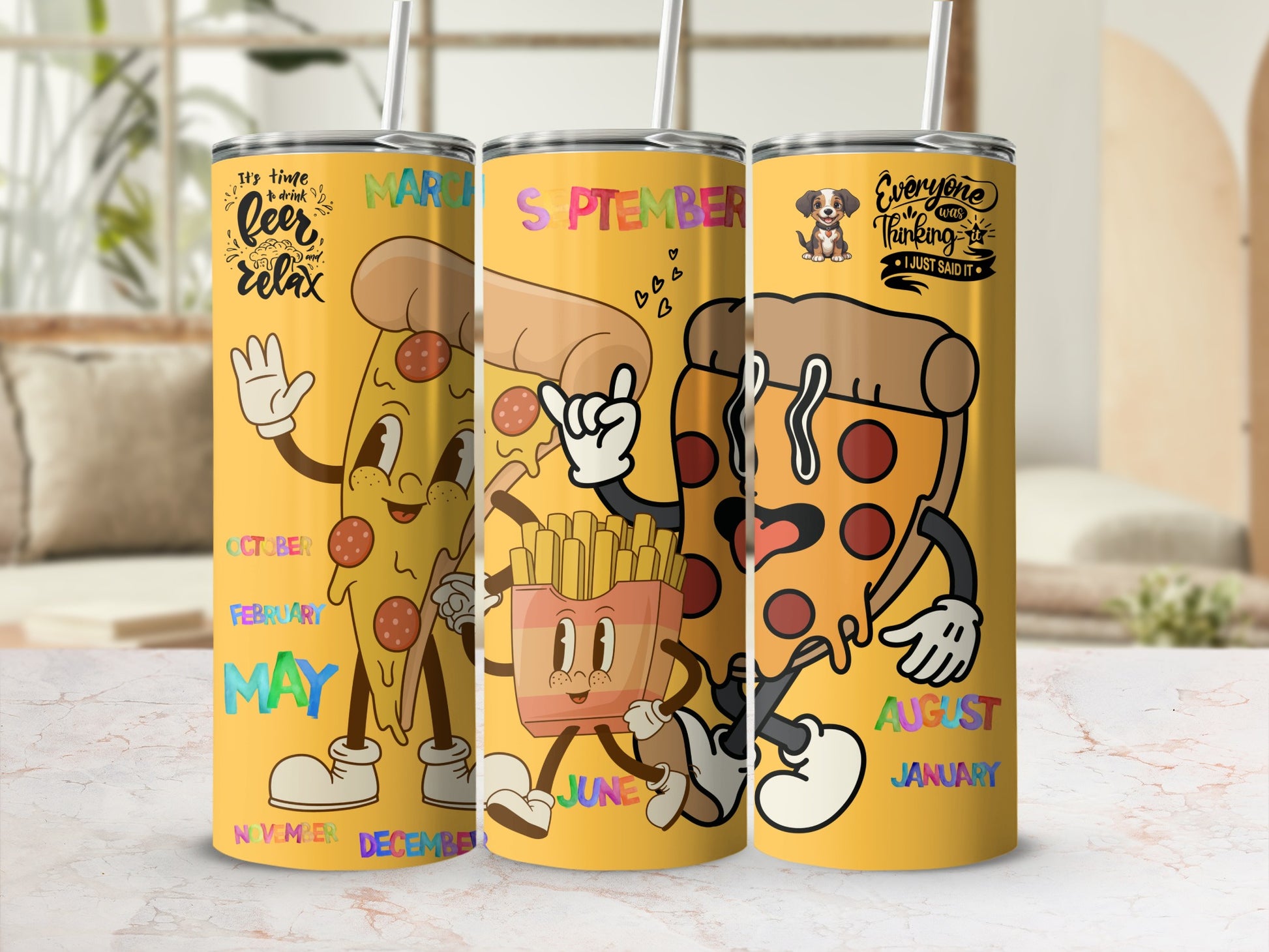 Cute Animated Pizza Characters Tumbler with Month Names