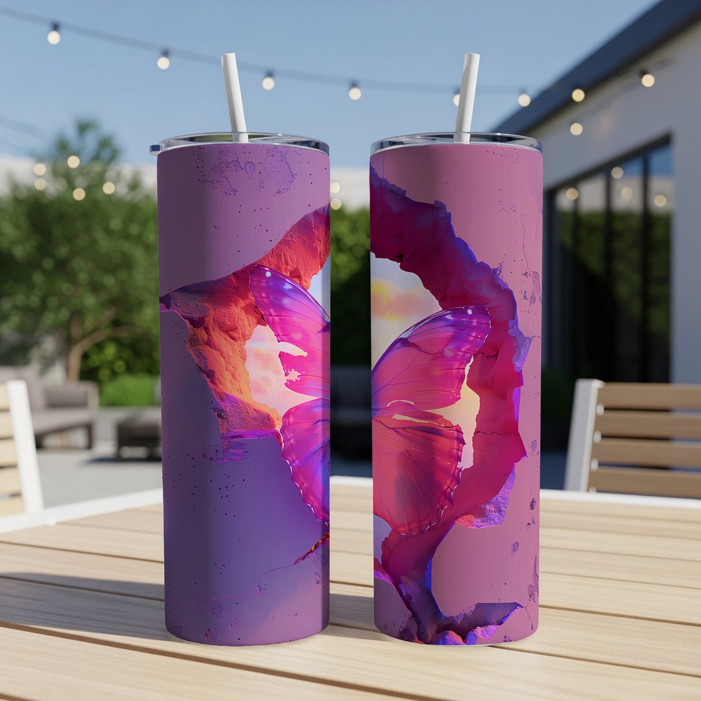 Purple tumbler with vibrant pink and purple butterfly design.