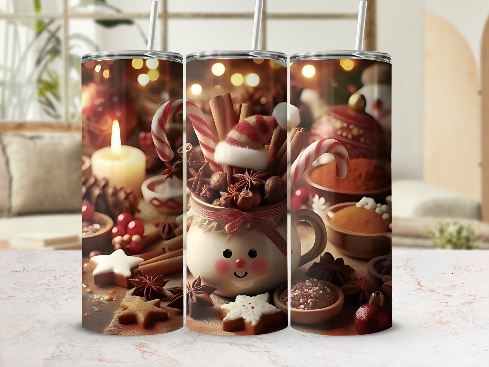 Festive Christmas Scene Travel Tumbler with Candy Cane