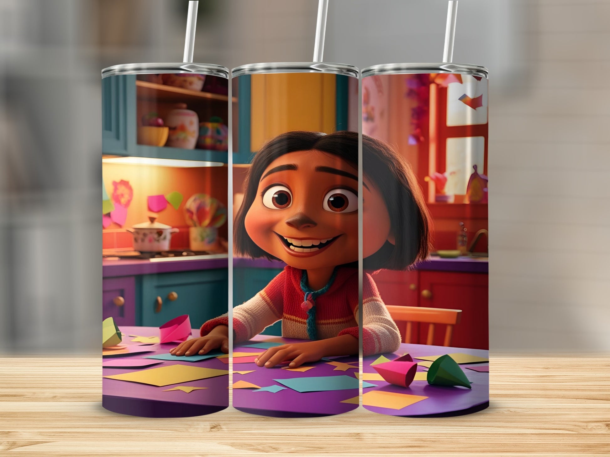 Animated girl crafting at a colorful table.