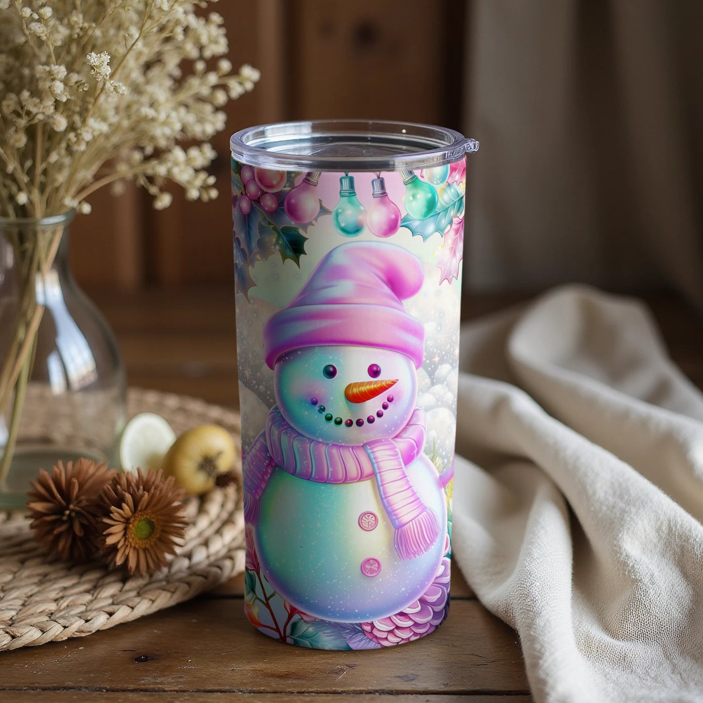 Cute Pastel Snowman Plants Winter Holiday Tumbler Product