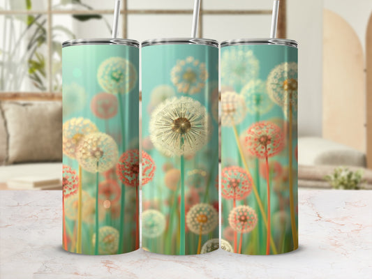 Three tumblers with a floral dandelion design, blurred background.