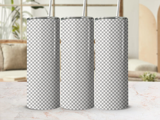 Three blank checkered tumblers with straws on a marble surface.