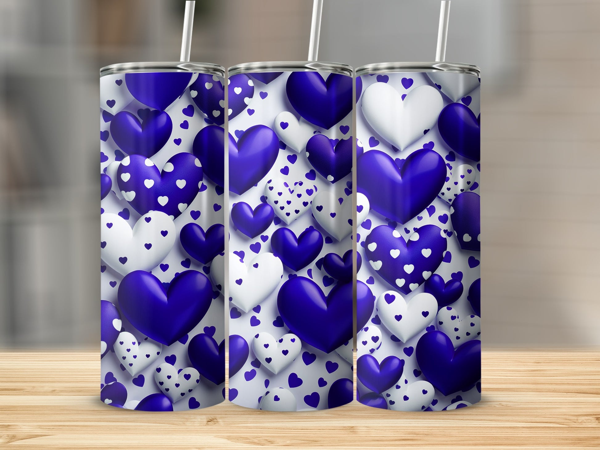 Blue and White Heart Patterned Tumbler Drinking Cup