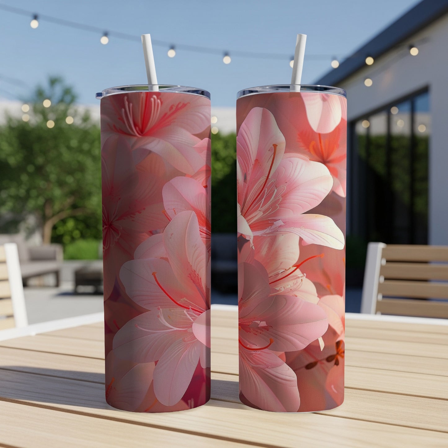 Two pink floral tumblers with straws on a wooden table.