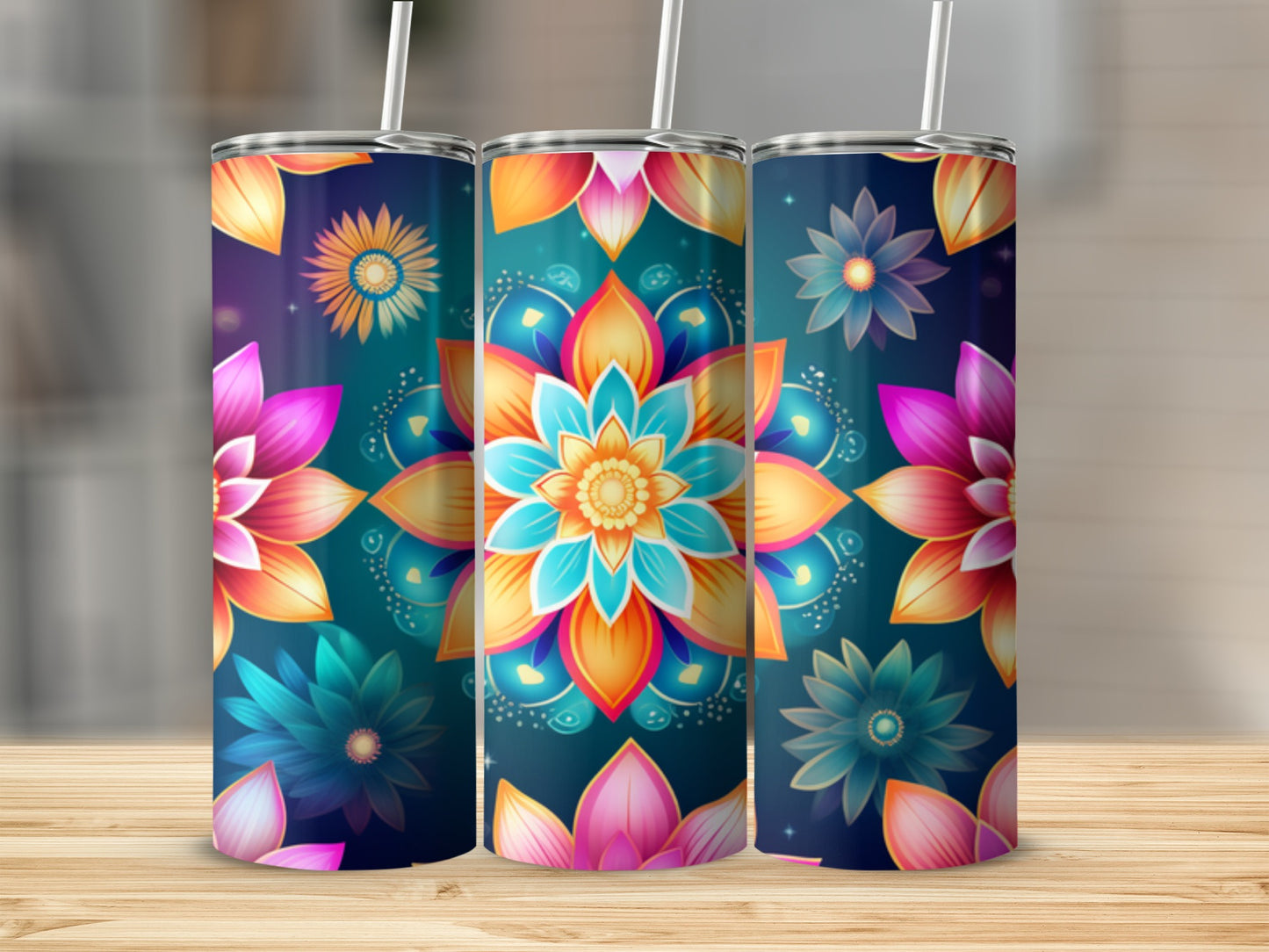 Three tumblers with vibrant floral mandala designs on a wooden surface.