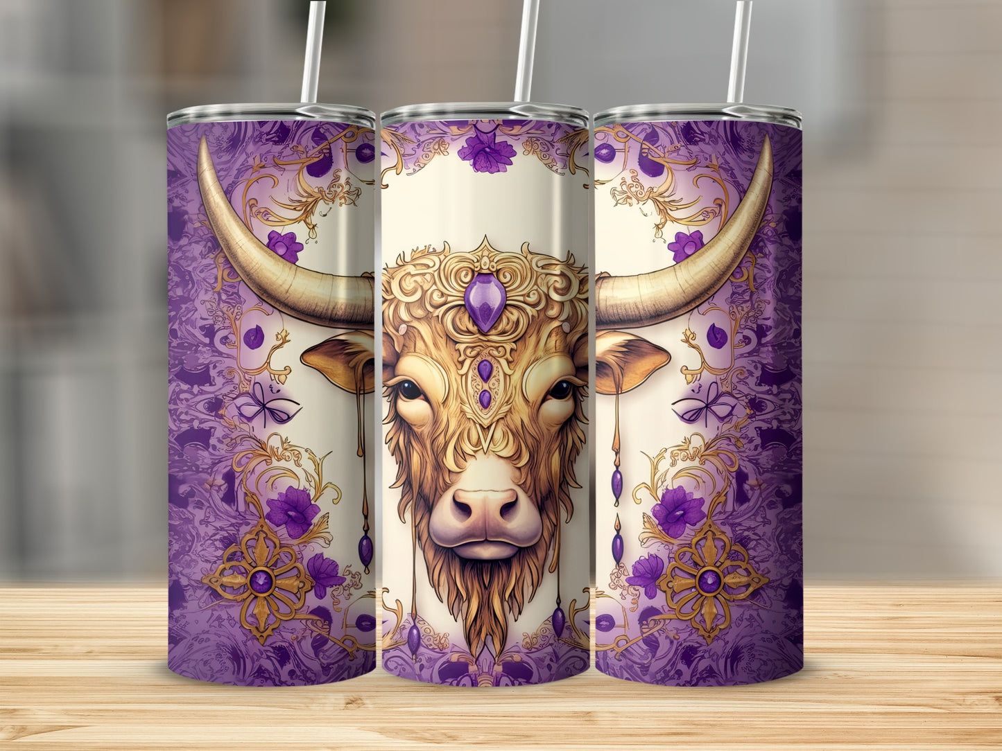 Taurus astrological design with golden bull head and purple ornate patterns.