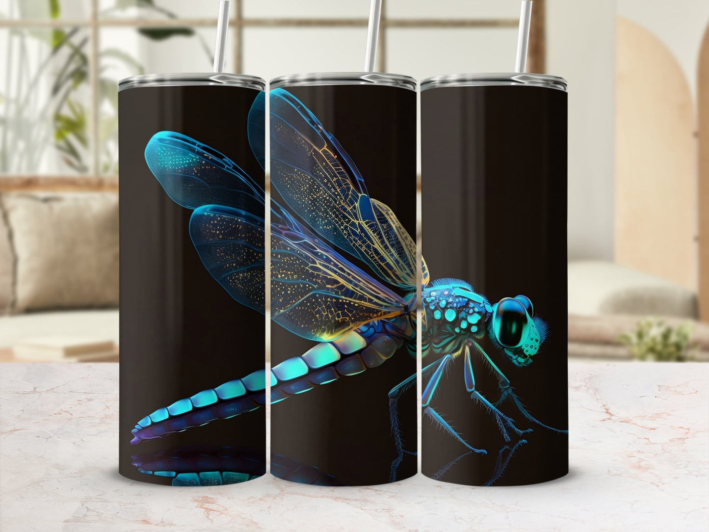 Vibrant Blue Dragonfly Design Black Tumbler Product