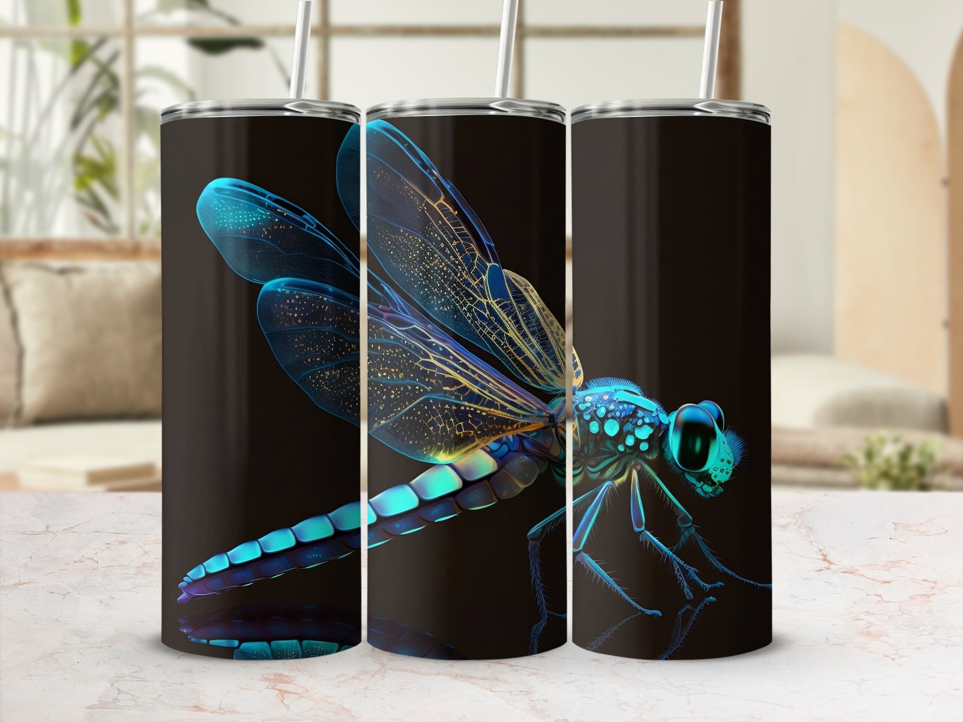 Vibrant Blue Dragonfly Design Black Tumbler Product