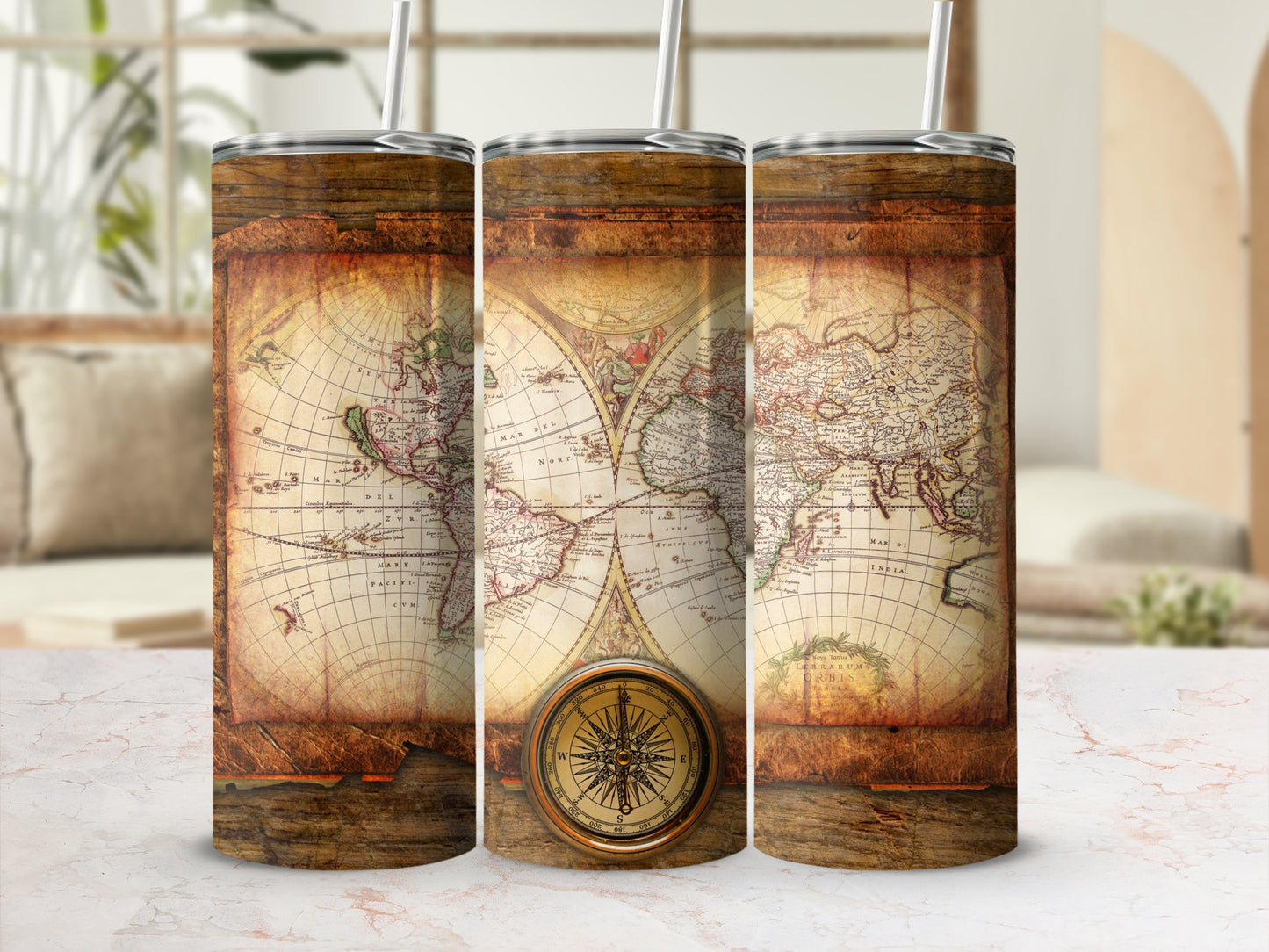 Three tumblers with an antique map and compass design.