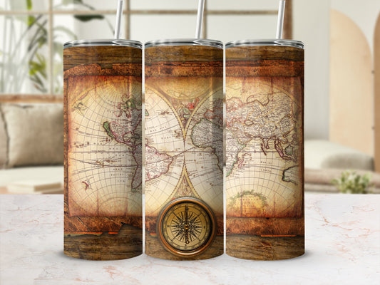 Three tumblers with an antique map and compass design.
