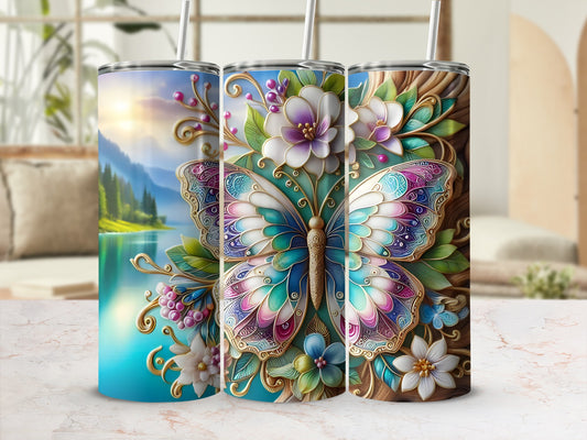 Three tumblers with colorful butterfly and floral designs.
