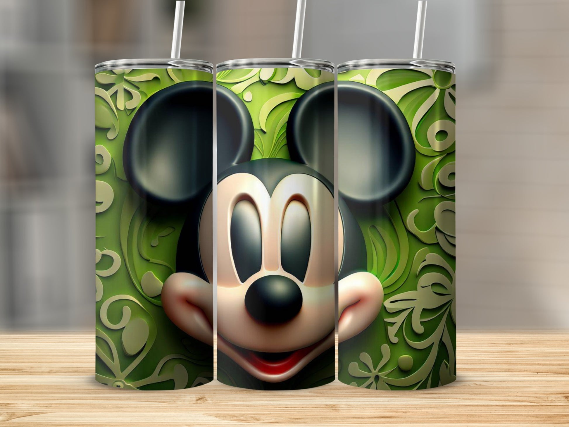 Green Mickey Mouse Tumbler with Floral Background Design