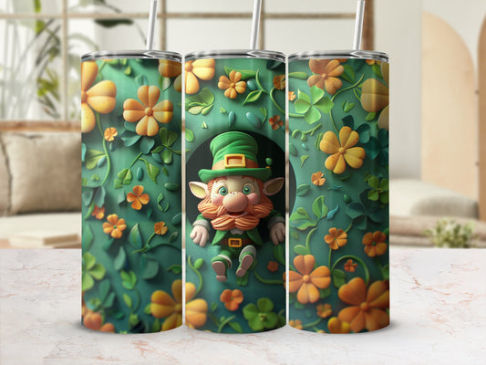 Leprechaun with orange flowers and green leaves design on three tumblers.