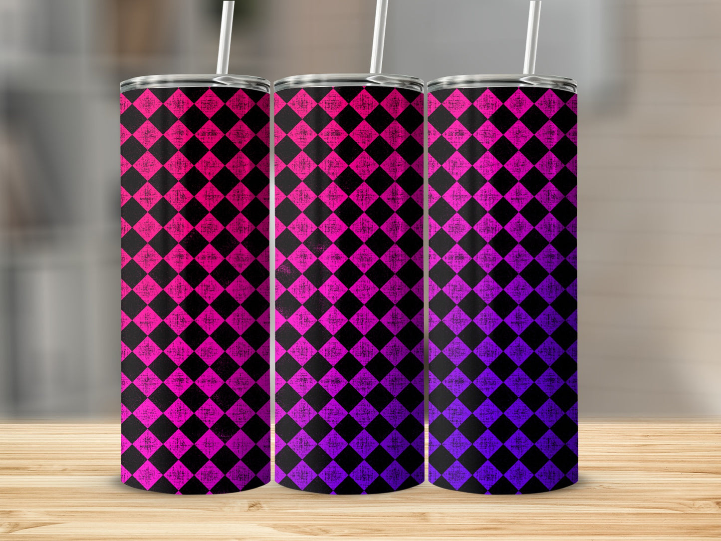 Three tumblers with a pink and purple diamond pattern.