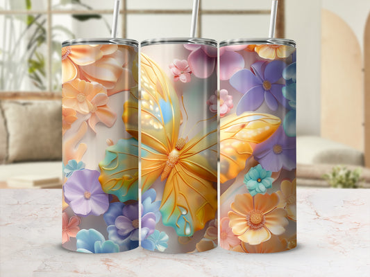 Three floral tumblers with butterflies, blurred background of a room.