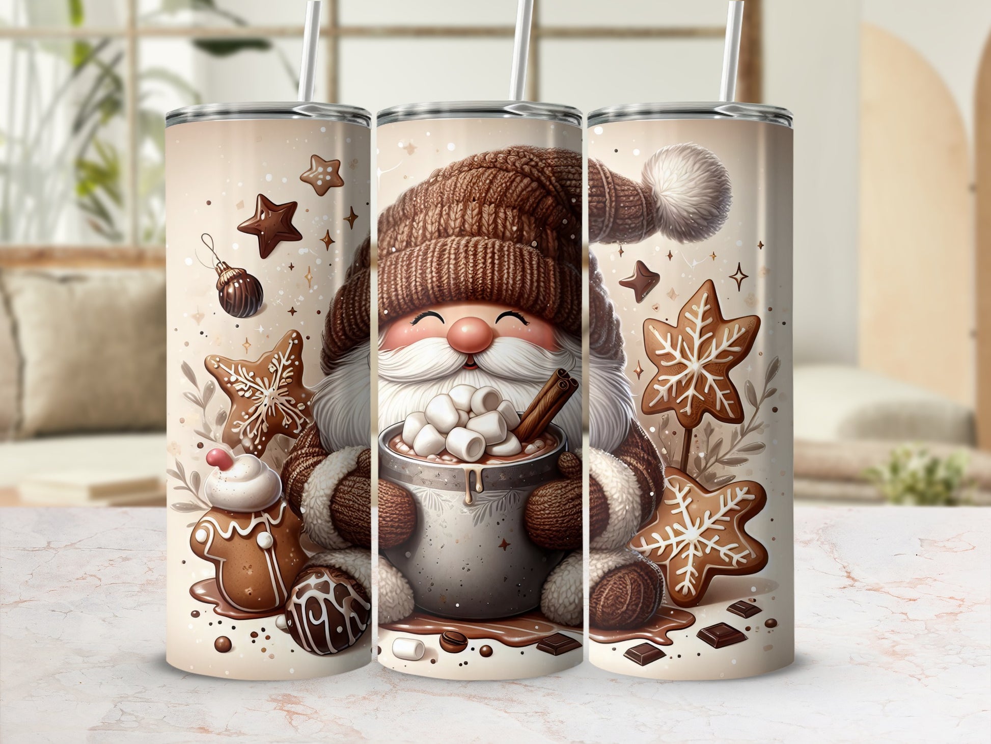 Santa Claus with hot chocolate and gingerbread cookies on a tumbler.