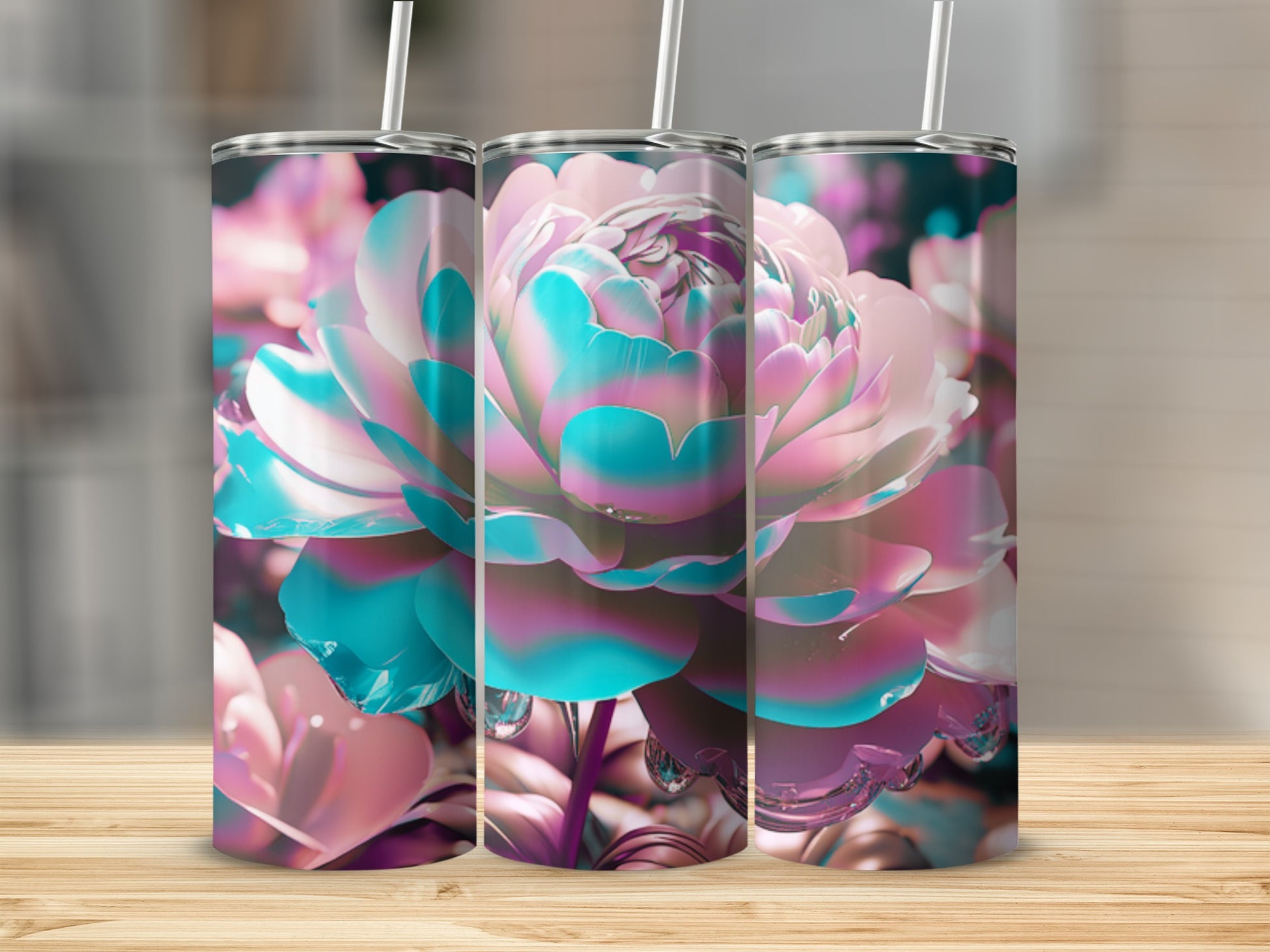 Three tumblers with a close-up of a pink and blue peony flower.