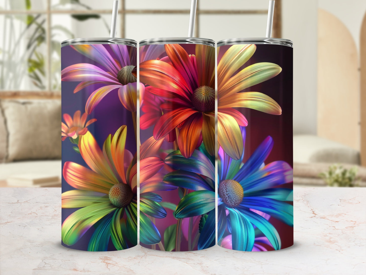 Colorful floral pattern on a tumbler with straw, set against a blurred background.