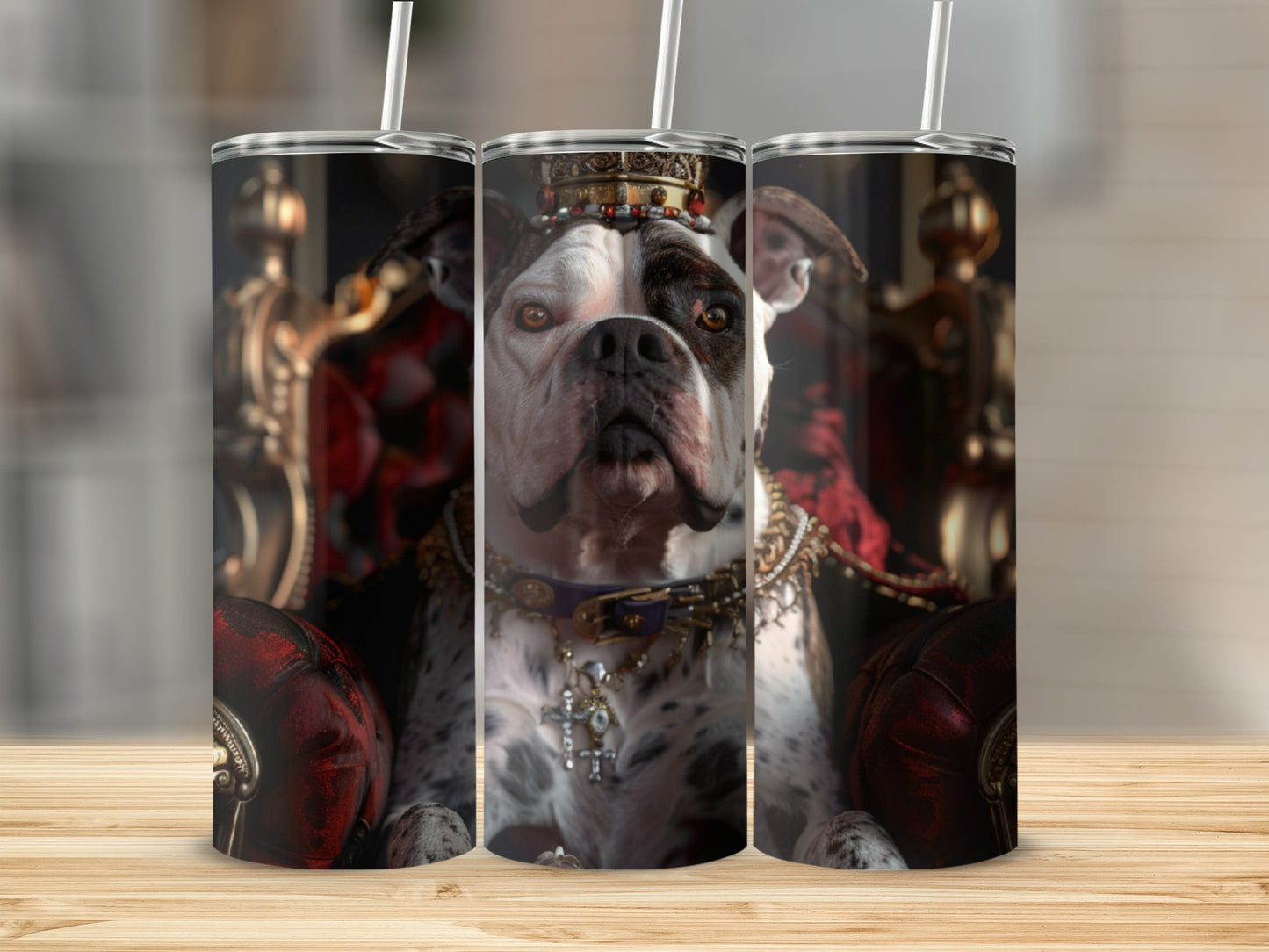 Bulldog wearing a crown and regal attire, seated on a throne.