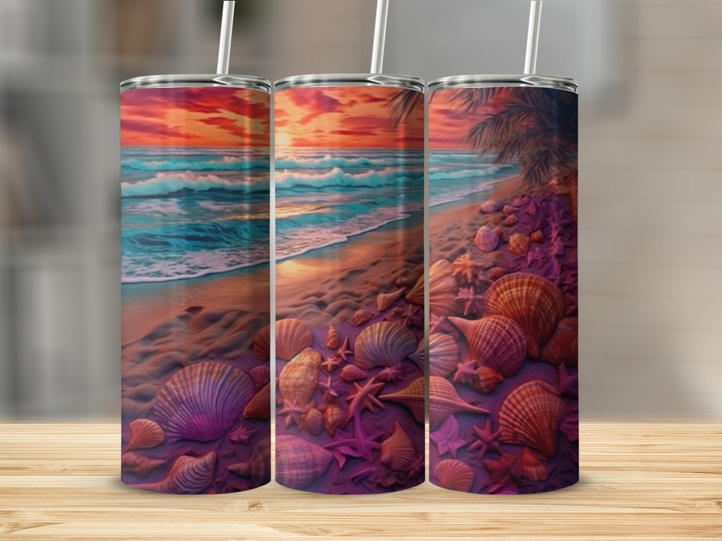 Triptych of beach scenes with seashells and ocean waves at sunset.