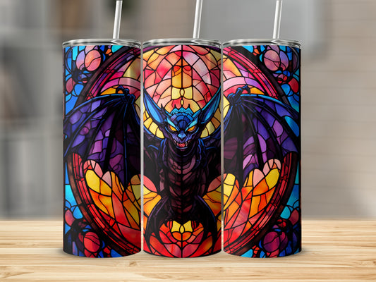 Dragon stained glass design on three cylindrical tumblers.