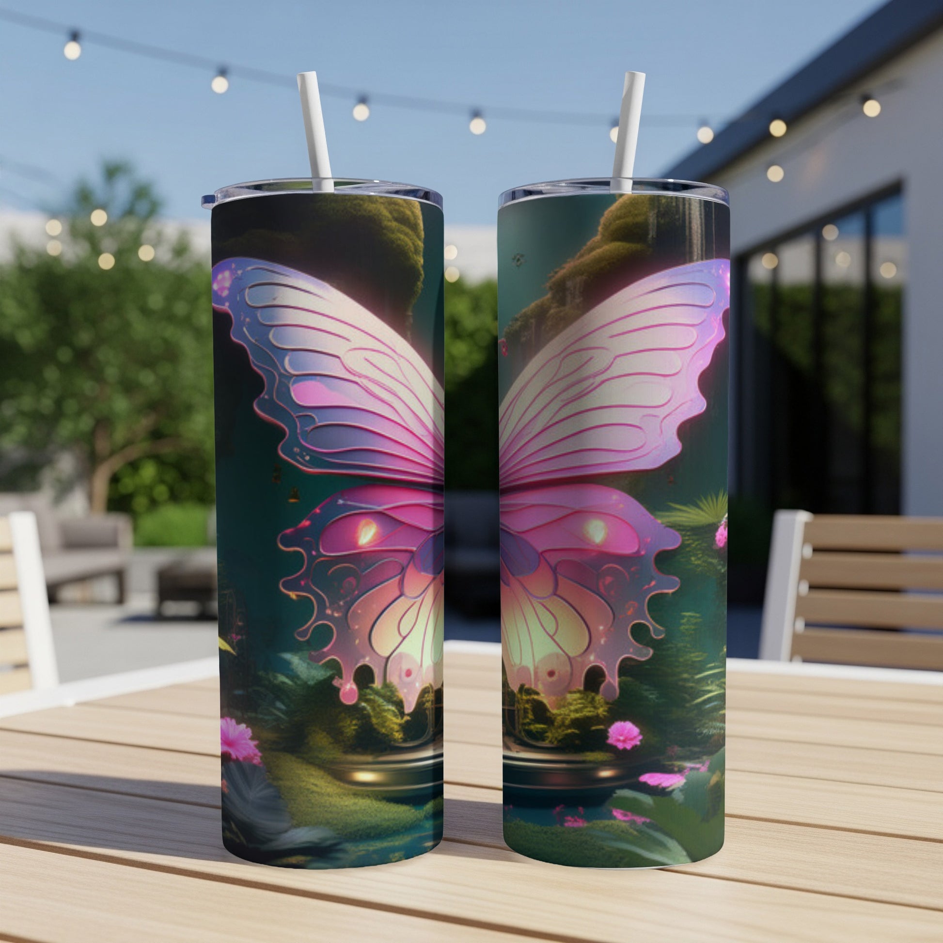 Two tumblers featuring a glowing pink and purple butterfly wing design.
