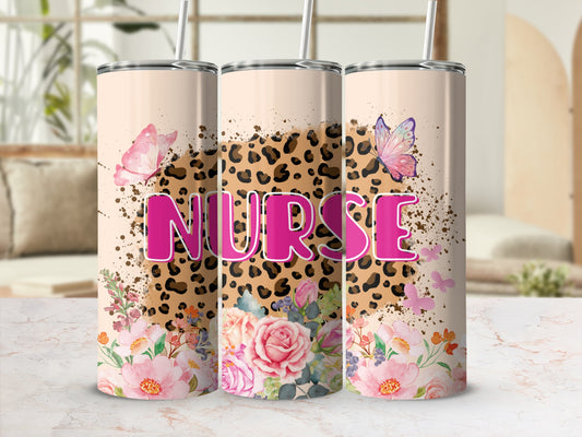 Tall tumbler with "NURSE" text and floral, leopard, and butterfly designs.