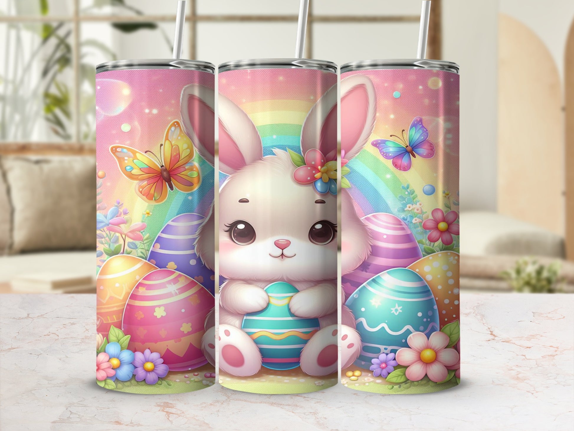 Kawaii bunny holding Easter egg with colorful eggs and butterflies.