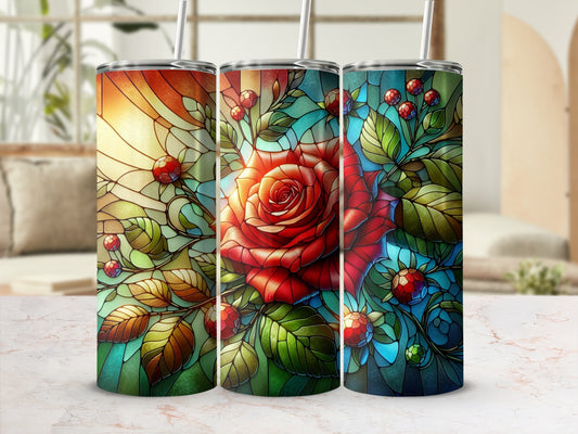 Three tumblers with stained glass rose and berry design.