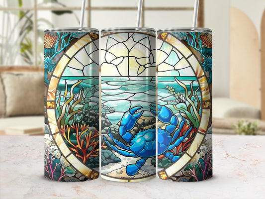 Stained glass tumbler with blue crab and ocean life design.