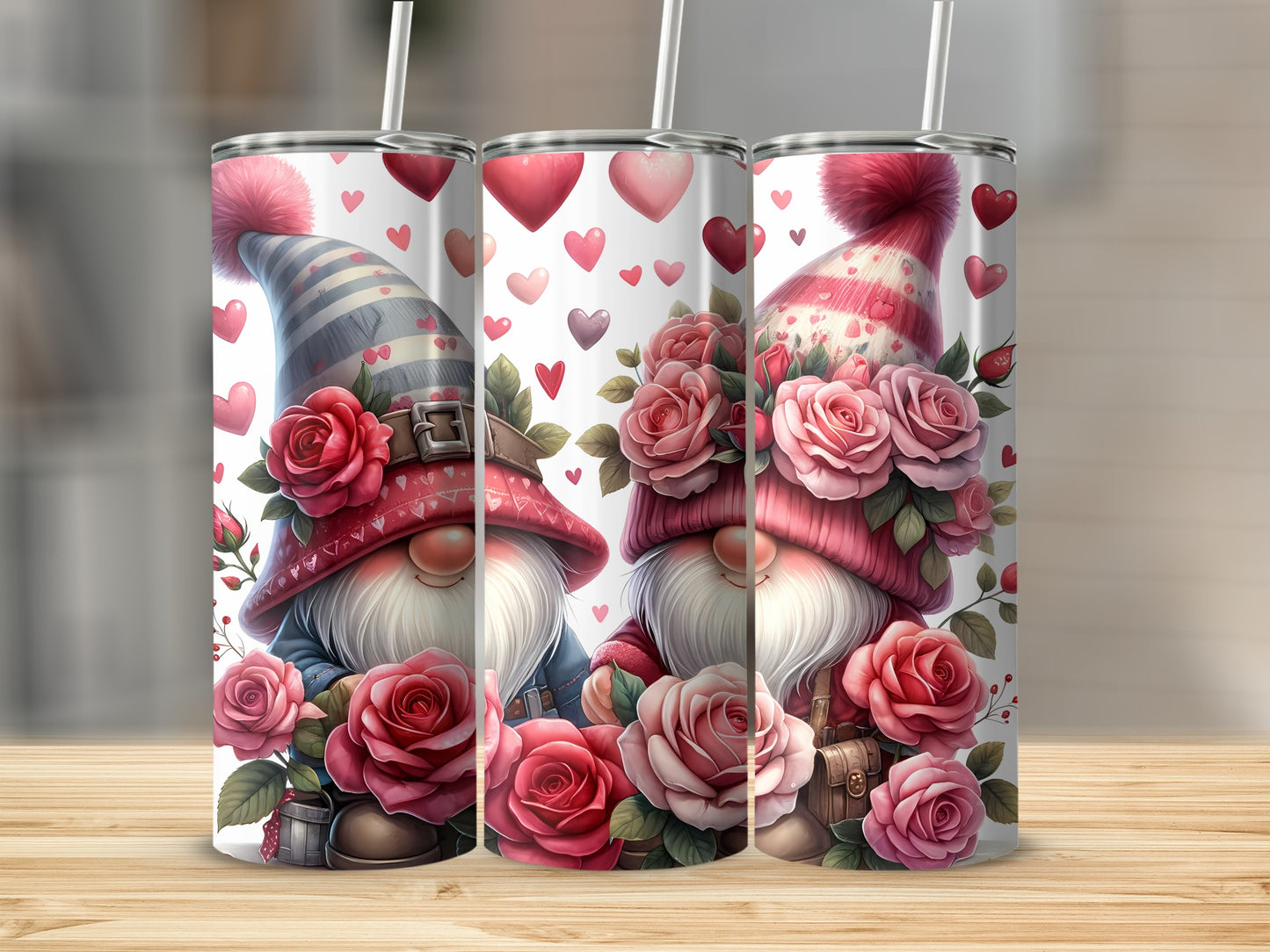 Two Valentine's Day gnomes with roses and hearts adorn patterned tumblers.