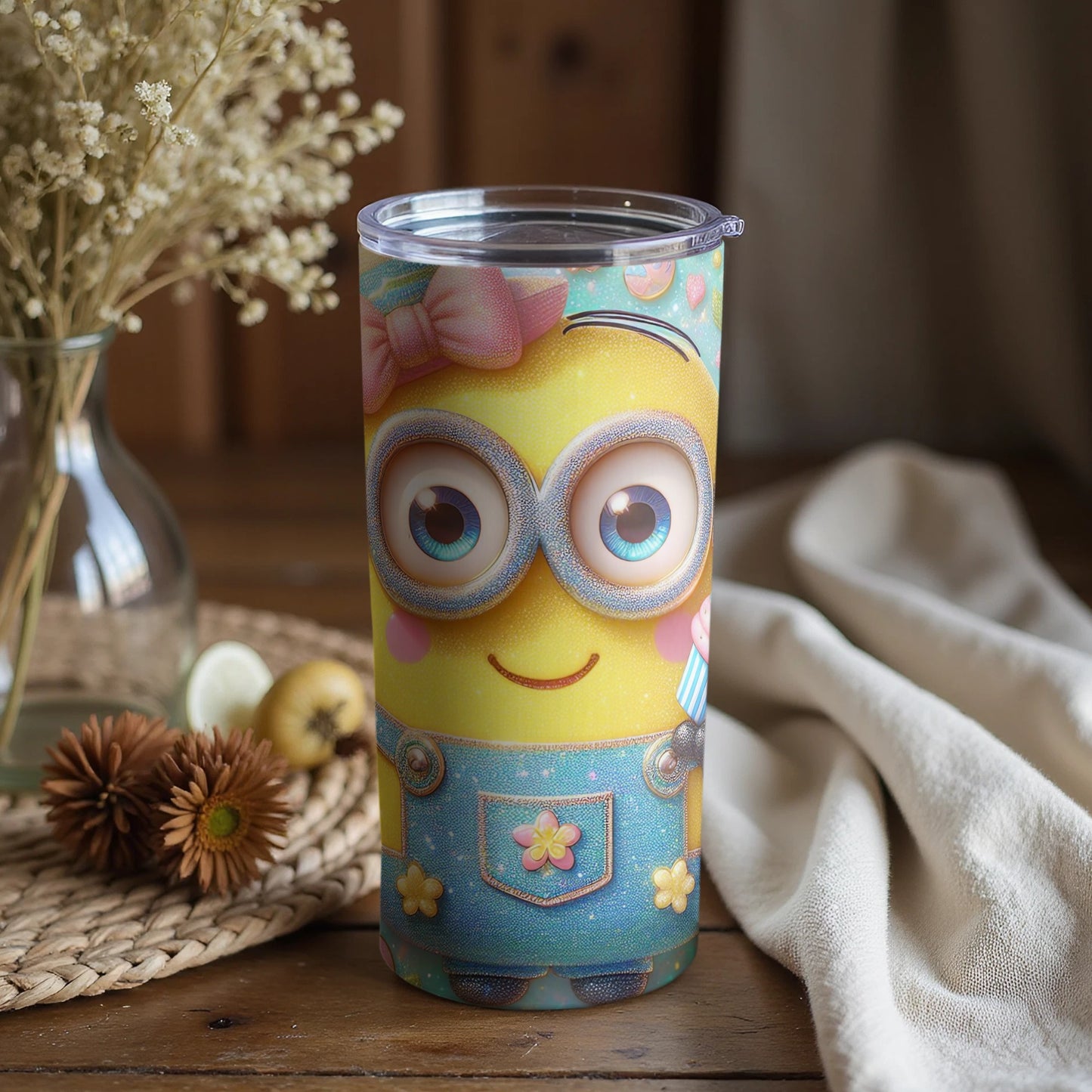 Cute Yellow Character Tumbler with Bow and Overalls