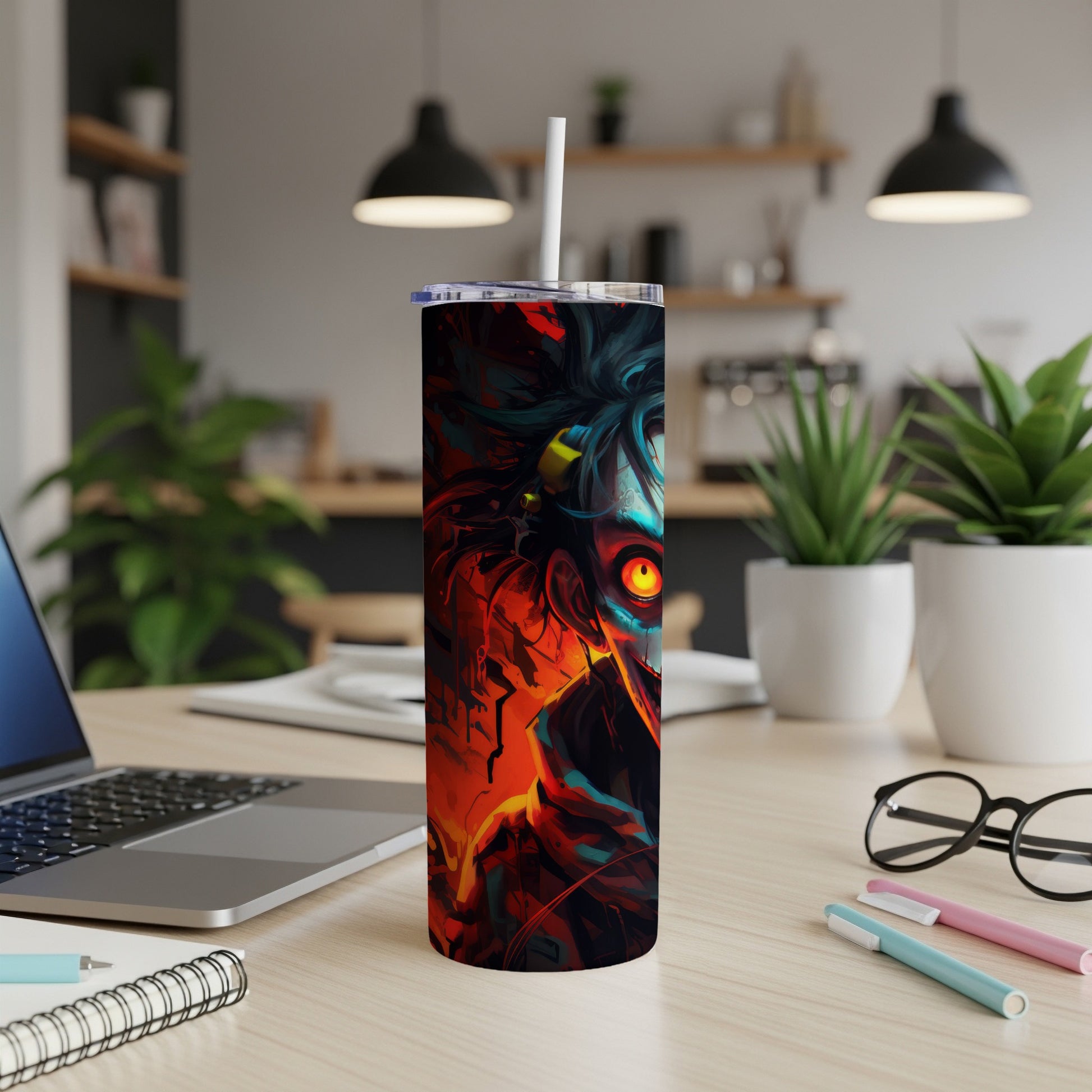 Tumbler with a vibrant, abstract illustration of a character's face with bright orange eyes.