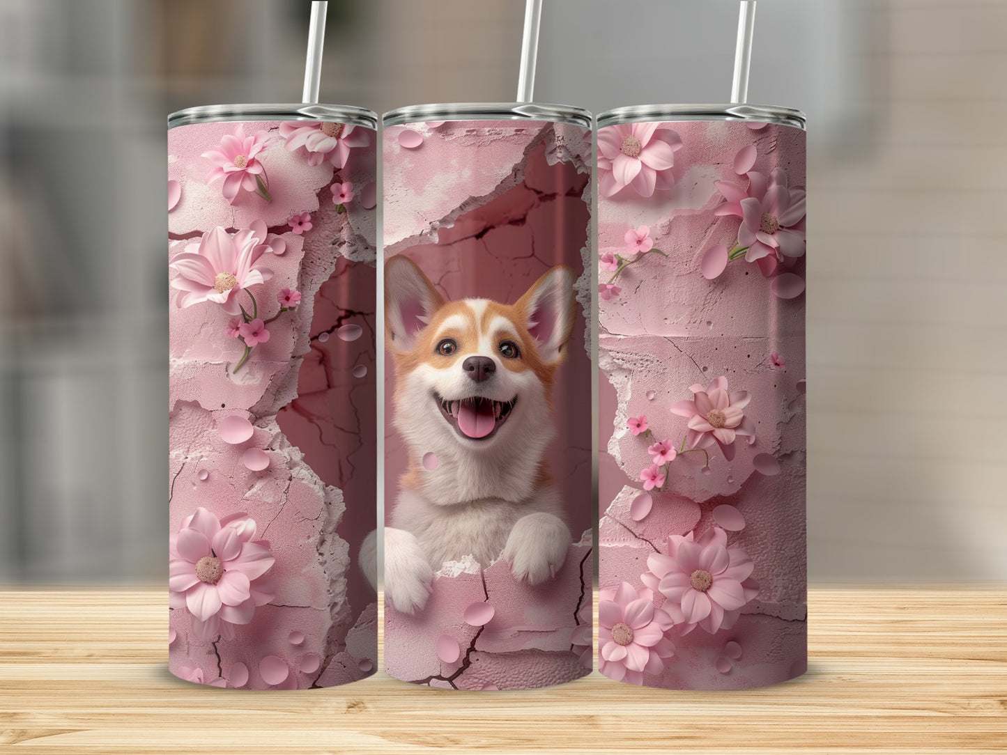 Happy Corgi Pink Flowers Textured Design Tumbler product type