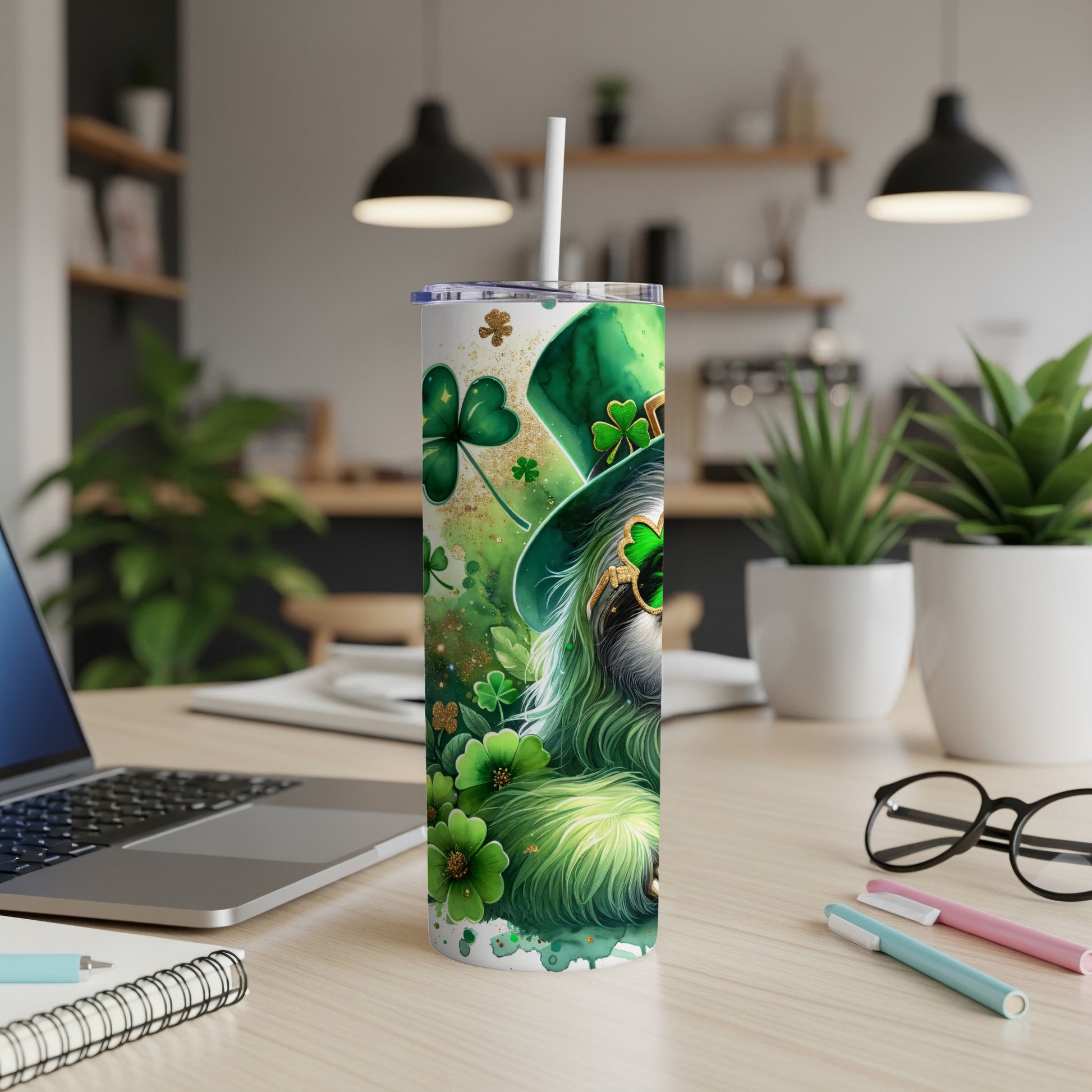 Green St. Patrick's Day tumbler with festive dog design.