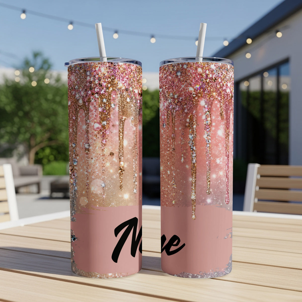 Two pink glitter drip tumblers with straws, one with "Mee" text.