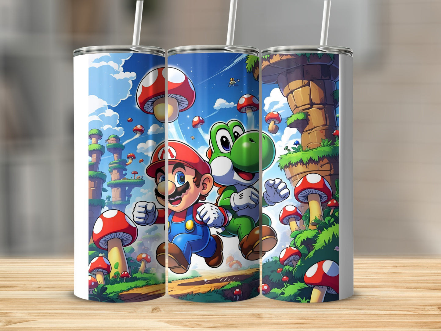 Mario and Yoshi run through a Mushroom Kingdom landscape.