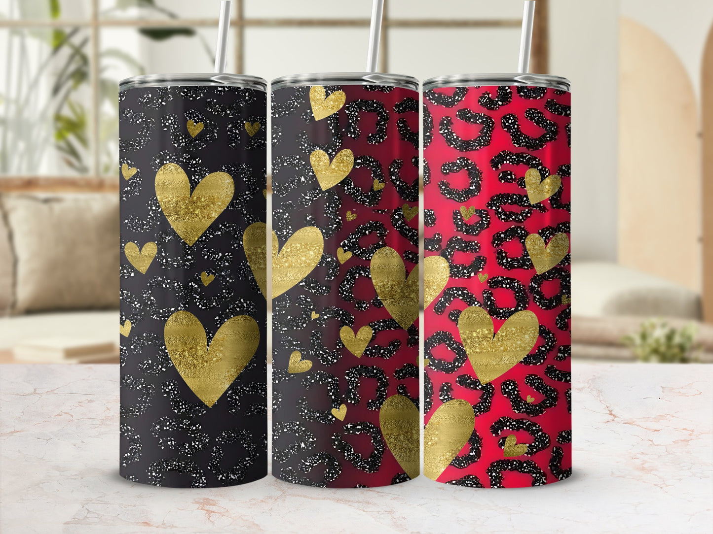 Glittering Heart Leopard Pattern Tumblers with Straw