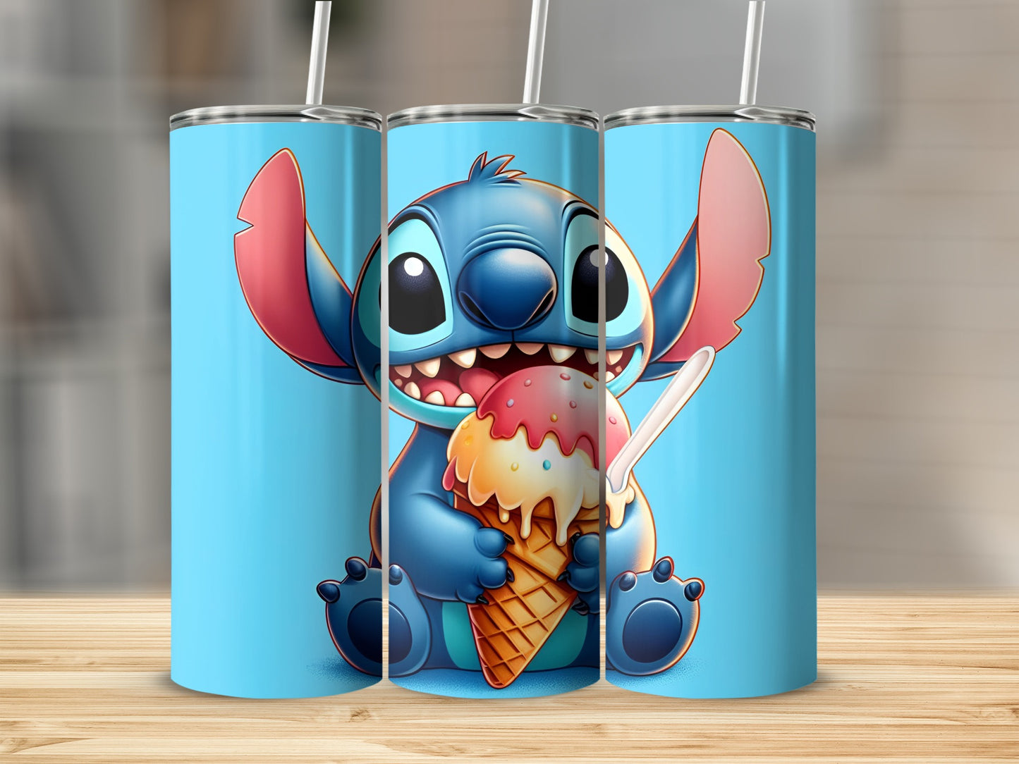 Stitch character holding a melting ice cream cone in a waffle cone.