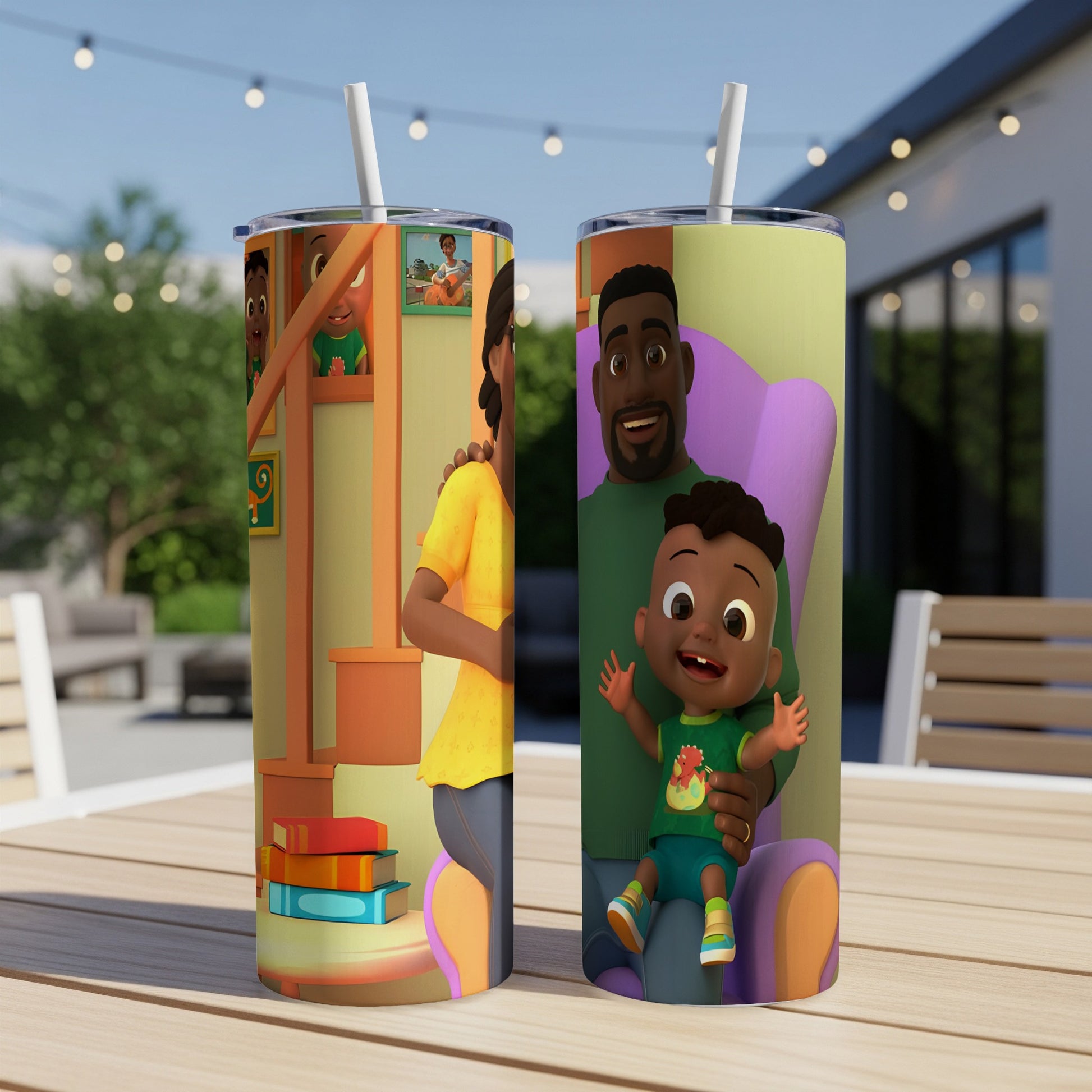 Cocomelon-themed tumblers with character art of Cody, JJ, and their families.