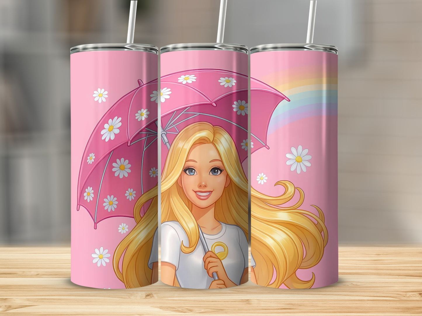 Pink Tumbler with Blonde Girl and Umbrella Design